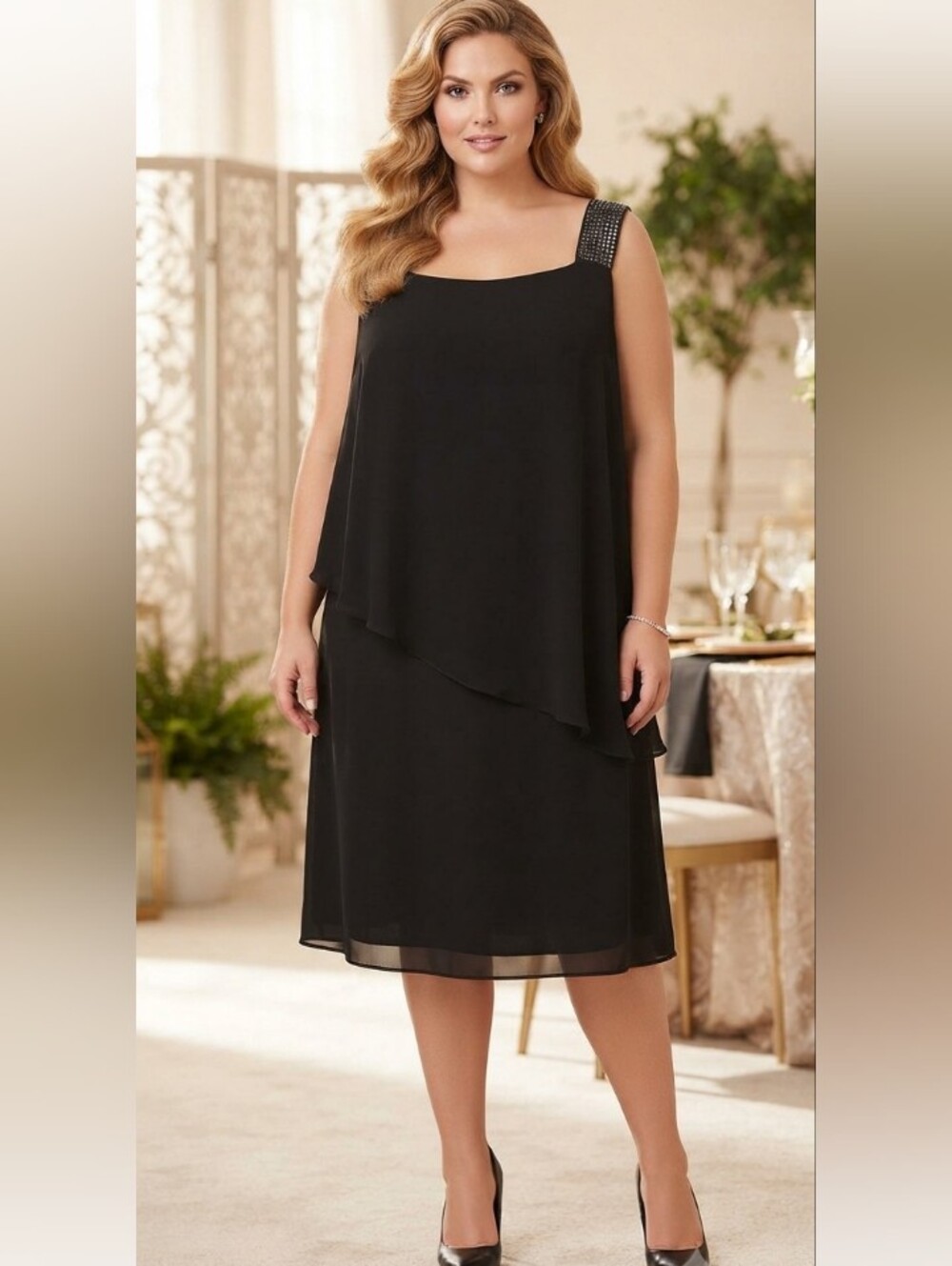 Roz & Ali Plus Size Black Chiffon Rhinestone Strap Ladder Sleeve Party Dress Siz